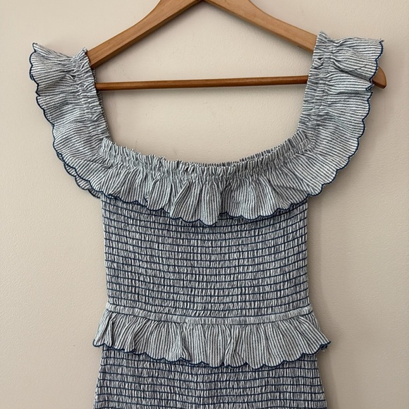 Storia Off The Shoulder Mini Dress Smocked Ruffle Cotton Linen Stripe Blue Sz S - Picture 4 of 10